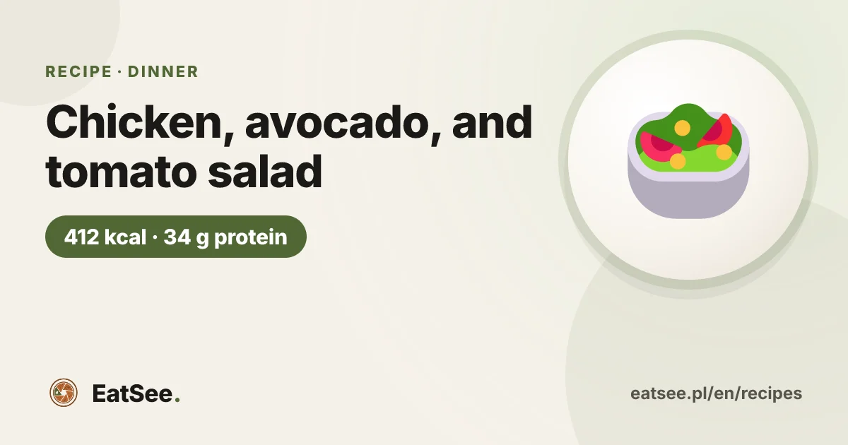 Chicken, avocado, and tomato salad - about 412 kcal per serving